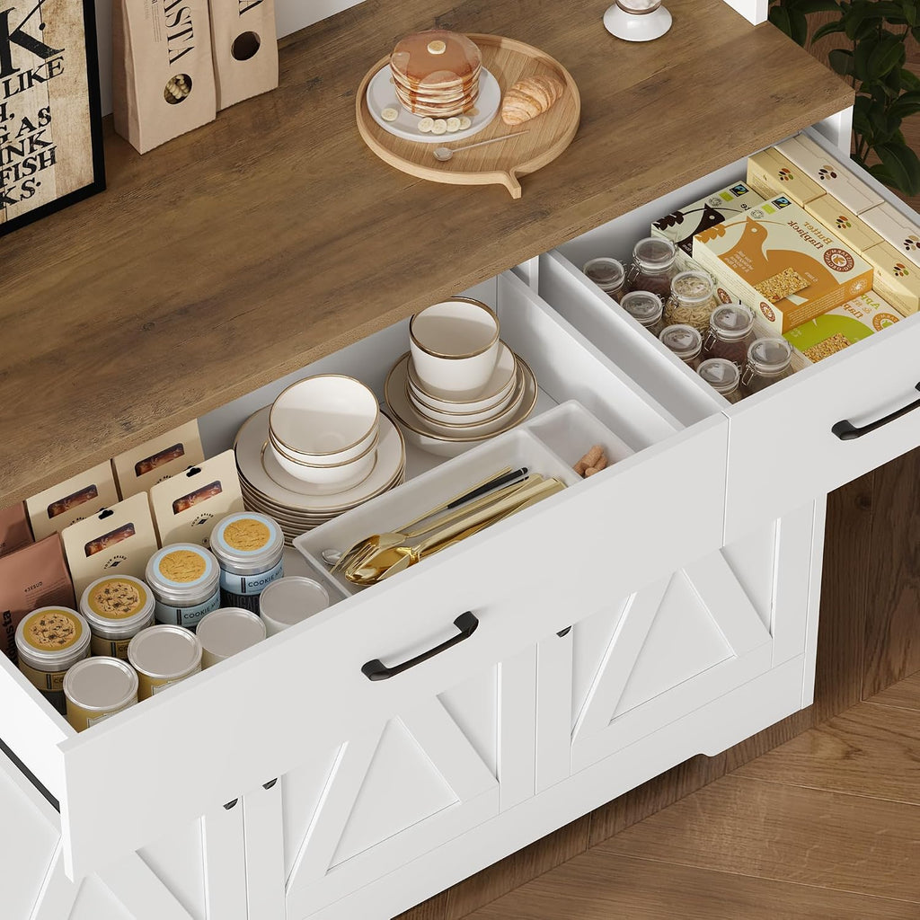 HOSTACK 71"H Kitchen Pantry Storage Cabinet, Farmhouse Hutch Cabinet, White | Space-Saving Pantry Cabinet with Charging Station & 2 Large Drawers & Adjustable Shelves, Tall Kitchen Hutch, Dining Room