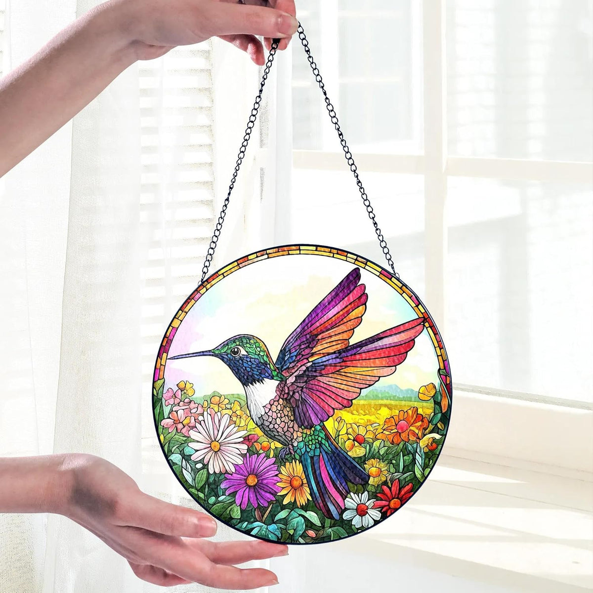 Hummingbird Suncatcher Stained Glass Window Hanging Decor - Hummingbird Gifts for Women, Birds Lovers Spirit Birds Glass Panel Garden Decorations Birthday Christmas for Mom Grandma