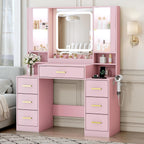 BORNOON Vanity Desk with Mirror and Lights, Makeup Vanity with 7 Drawers, 2 Glass Door Cabinets, Charging Station, Adjustable Shelves, RGB Lighting, Holder