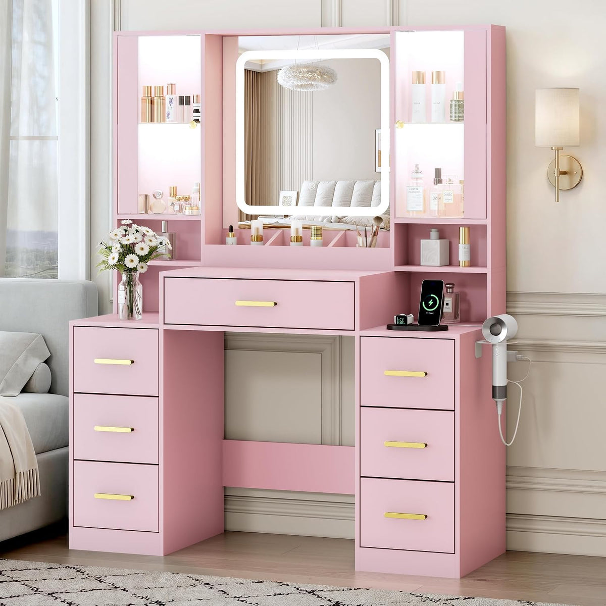BORNOON Vanity Desk with Mirror and Lights, Makeup Vanity with 7 Drawers, 2 Glass Door Cabinets, Charging Station, Adjustable Shelves, RGB Lighting, Holder