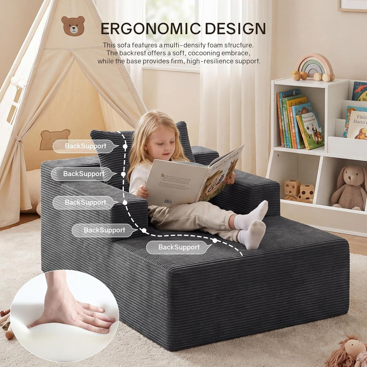 GRUSIGN 45" Chaise Lounge Chair Indoor, Corduroy Floor Sofa Bed, Deep Seat Sleeper Couch Reading Chairs for Bedroom Living Room, Movie Room | No-Assembly