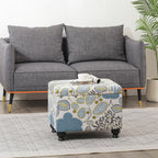 Adeco Colorful Storage Ottoman with Storage, 21" Linen Fabric Ottoman Foot Rest Stool with Hinged Lid with Blue Leaf Pattern, 360 LB Load Capacity, Living Room, Bedroom, Entryway