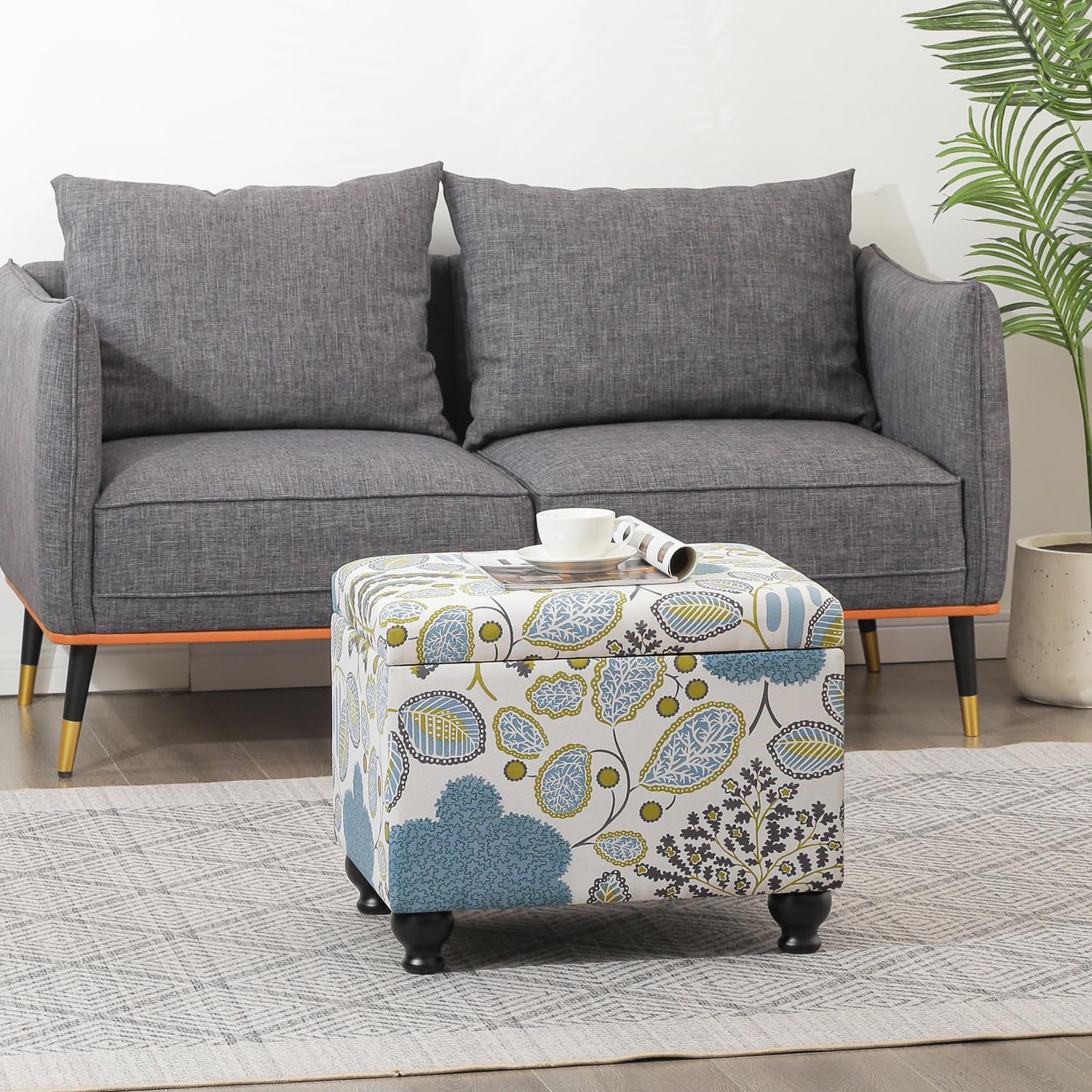 Adeco Colorful Storage Ottoman with Storage, 21" Linen Fabric Ottoman Foot Rest Stool with Hinged Lid with Blue Leaf Pattern, 360 LB Load Capacity, Living Room, Bedroom, Entryway