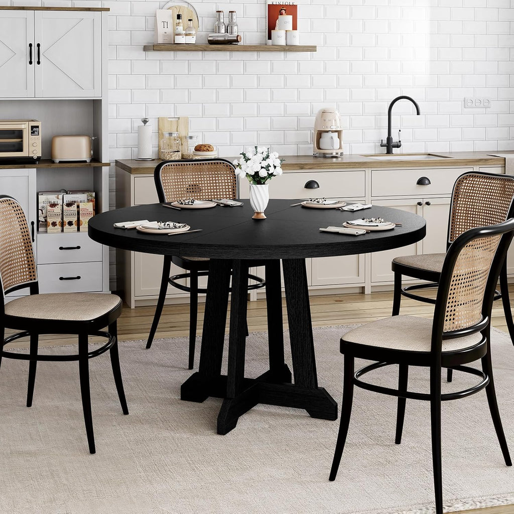 GarveeHome Round Dining Table for 4, 47 Inches Dining Room Table with Wooden Base, Kitchen Table with Circle Tabletop, Dinner Table for Dining Room, Kitchen, Living Room, Black