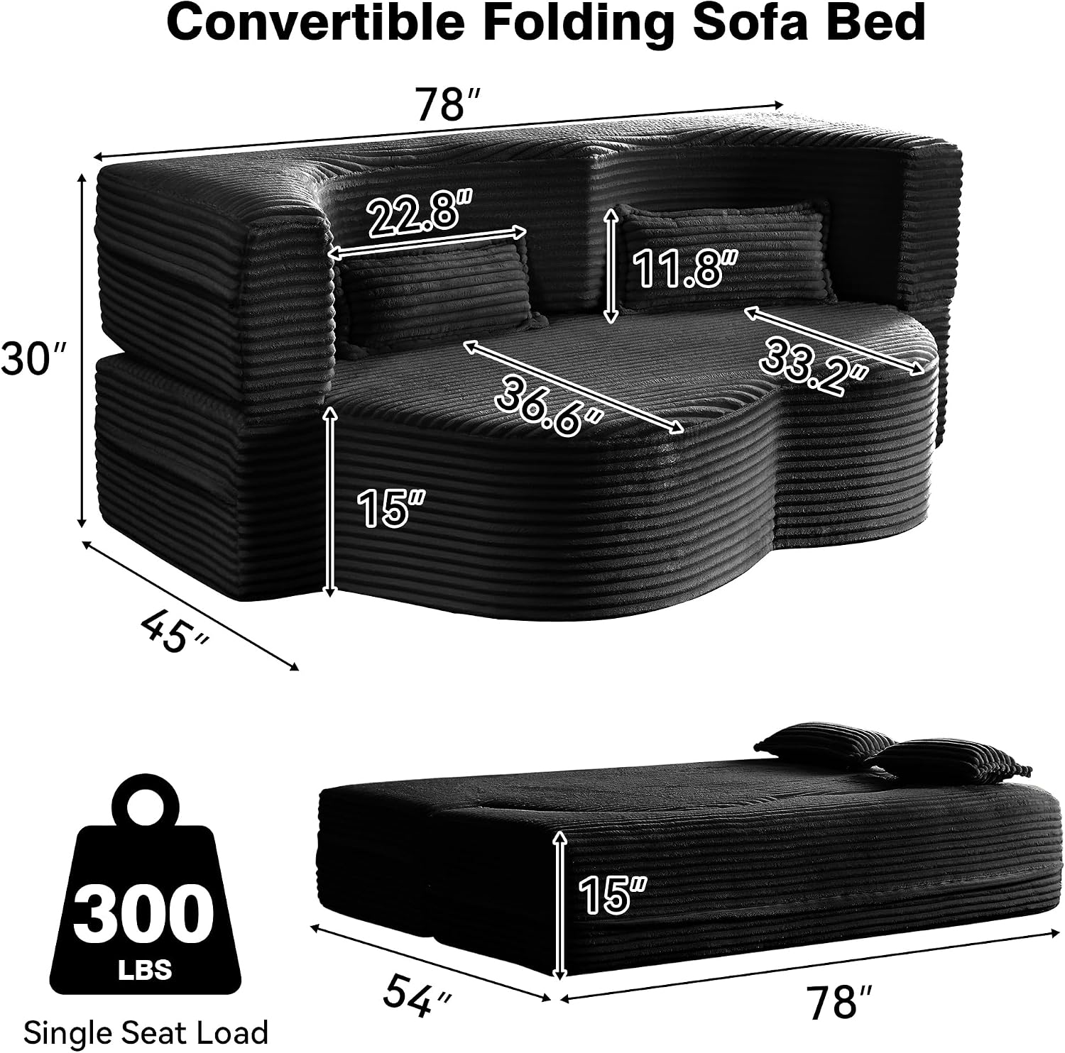 78" Full Size Convertible Futon Sofa Bed, Corduroy Folding Sleeper Sofa Bed with 2 Pillow, Foam Mattress Couch Bed, No Assembly Loveseat Couches for Living Room Apartment, Space‑Saving, Black