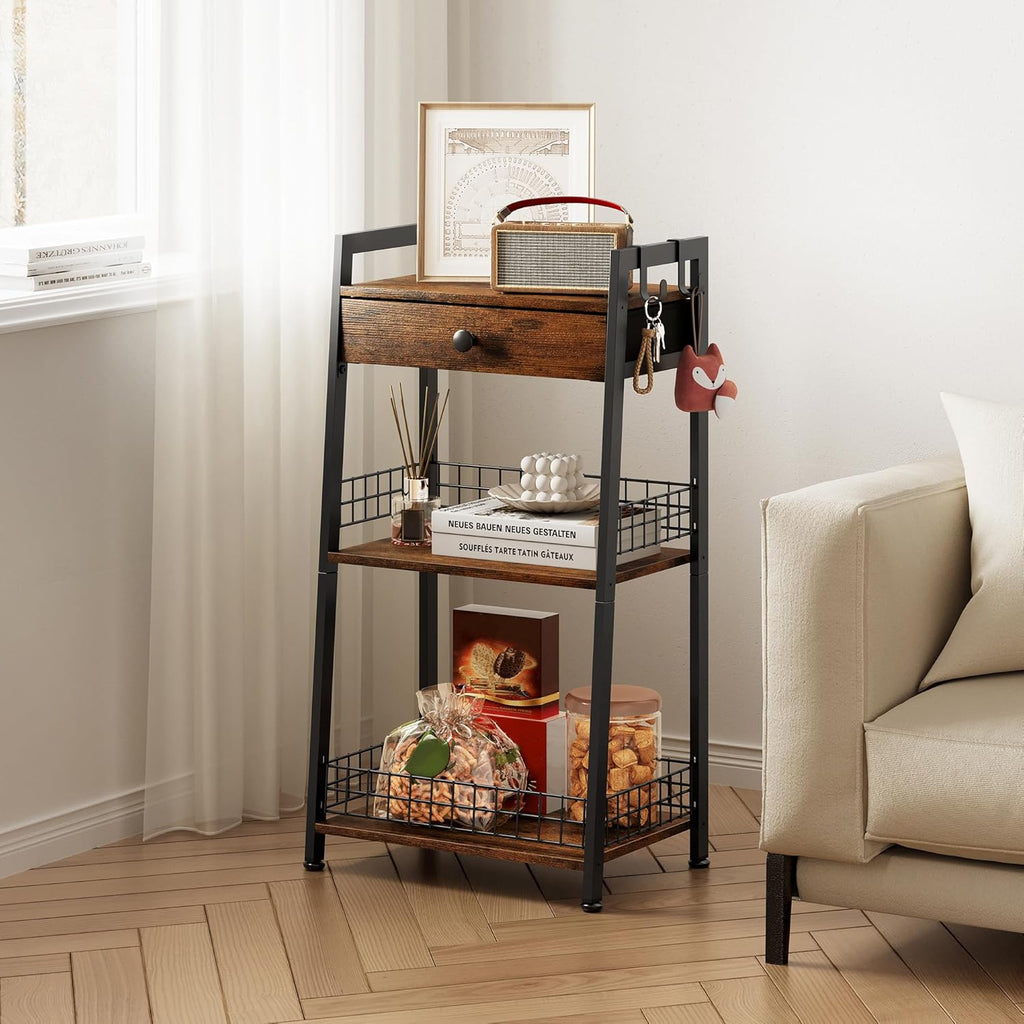 Gewudraw 3-Tier Ladder Shelf with Drawer, Bathroom Table Stand for Small Space, Bathroom Standing Shelves with Storage for Living Room Bedroom Kitchen, Organizer Shelf, Rustic Brown