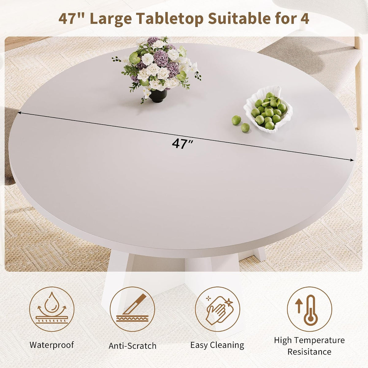 iPormis 47-Inch Round Dining Table for 4-6 People, Modern Wooden Kitchen Table for Dining Room, Farmhouse Circle Dinner Tables Furniture for Kitchen Living Room, White