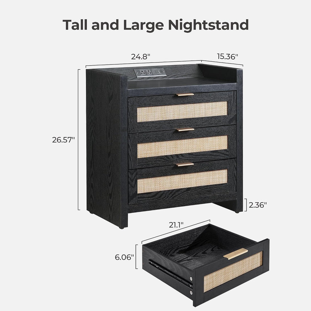 SICOTAS Nightstands Set of 2 : Rattan Tall Bedside Table with 3 Drawers | Farmhouse Boho Night Stand with Type-C Charging Station, Storage, Larger End Table Side Table for Bedroom Office