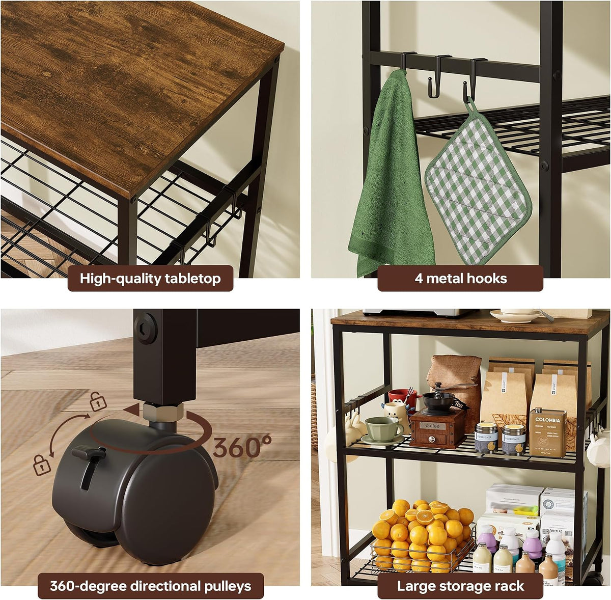 itchen Rolling Cart, 3-Tier Microwave Stand with Lockable Wheels, One-Piece Shelf, Kitchen Utility Storage Cart for Coffee Bar,Apartment, Dorm, Laundry Room, Office, 23.6" x 15.7" x 27.6", Brown
