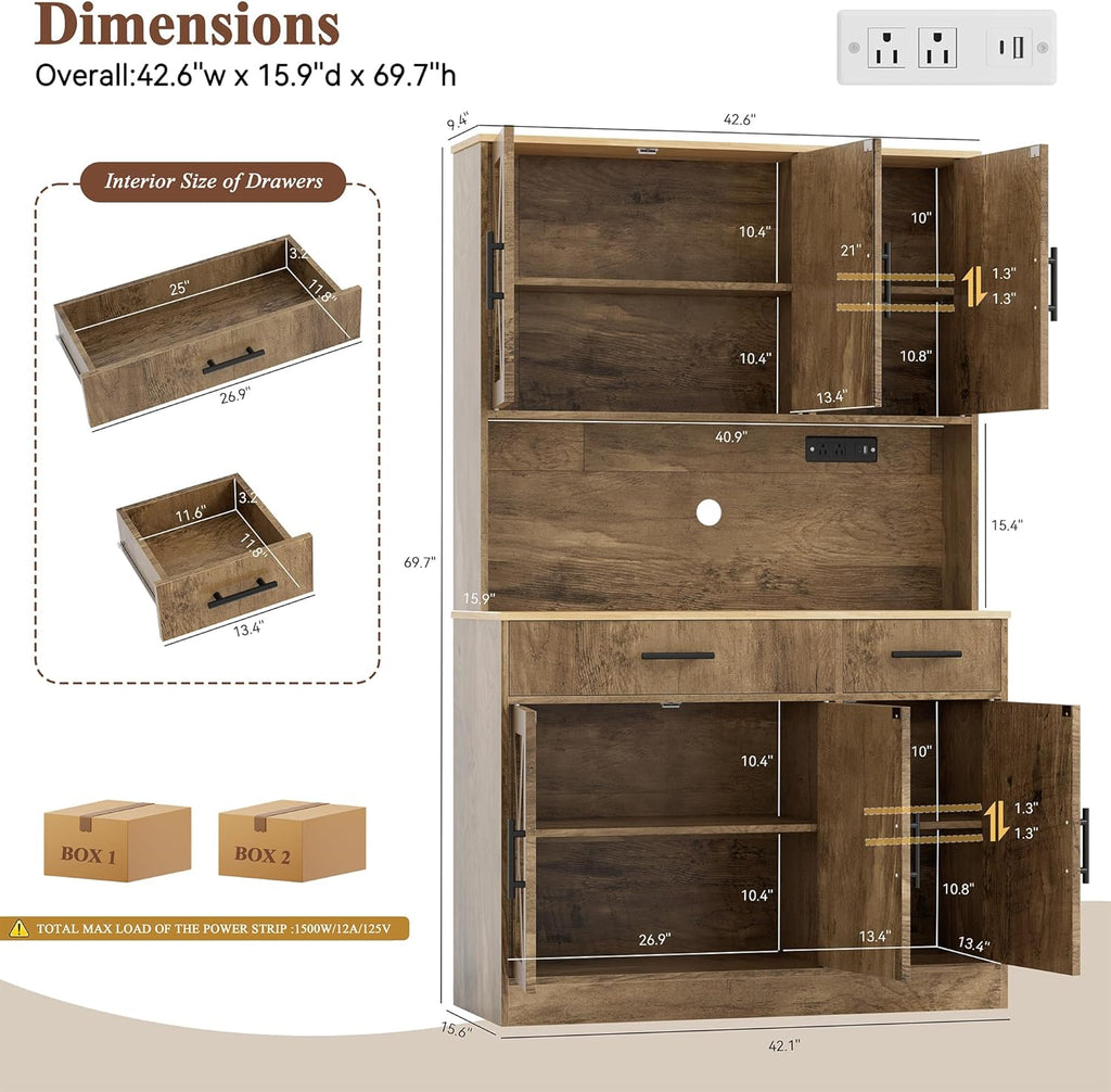 Vongrasig Farmhouse Pantry Cabinet with Charging Station, Tall Kitchen Pantry with Microwave Stand, Storage Drawers & Shelves, Large Kitchen Hutch for Living Room, Dining Room, Rustic Brown