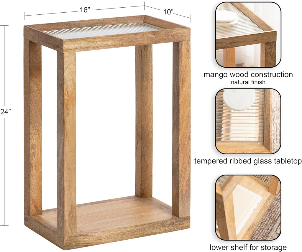 Kate and Laurel Keating Modern Rectangle Mango Wood End Table, 16 x 10 x 24, Clear Glass and Natural Wood, Decorative Contemporary Ribbed Glass Side Table for Bedroom Nightstand or Living Room Accent