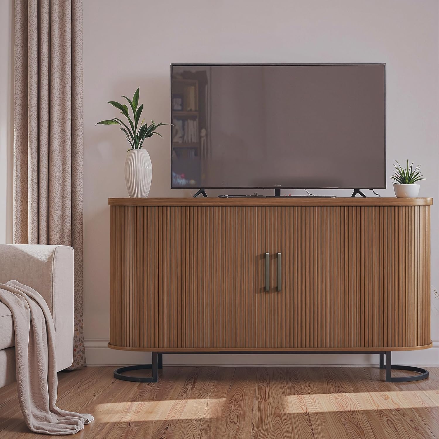 HUAHUU Sideboard Buffet Cabinet with Storage, 54.3" Fluted Tambour, Adjustable Shelves, Mid Century Modern Console for Living Room Kitchen Walnut