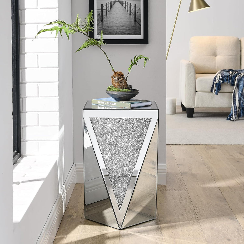 Henf Mirrored End Table Modern Inverted Triangular Side Table with Crystal Design Decorative Glass Accent Small Coffee Table Bedside Table for Home Decoration Crystal Diamond Bed Night Stand