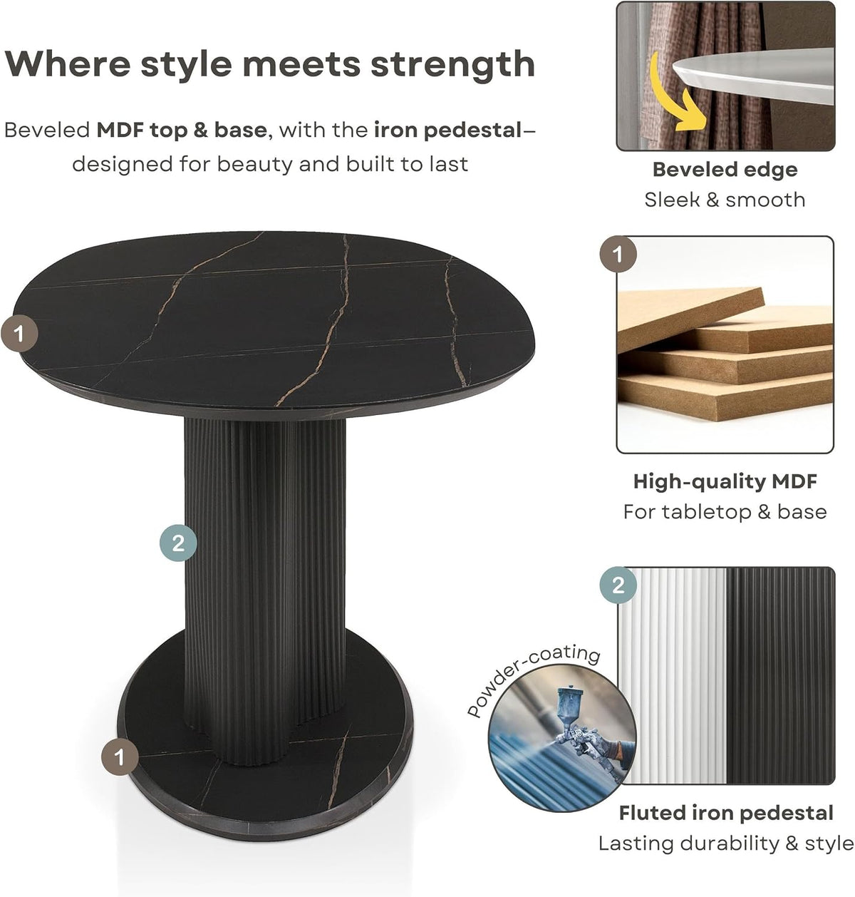 Homes: Inside + Out Elara Modern 54-inch Oval Dining Table with Fluted Pedestal Base, Seats up to 4, for Home Kitchen, Living Room, Black