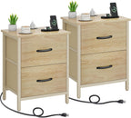 Vagusicc Nightstand Set of 2 with Charging Station, End Table Bedside Table with Power Outlet & USB Ports, Side Table with 2 Fabric Drawers for Bedroom, Living Room, Natural