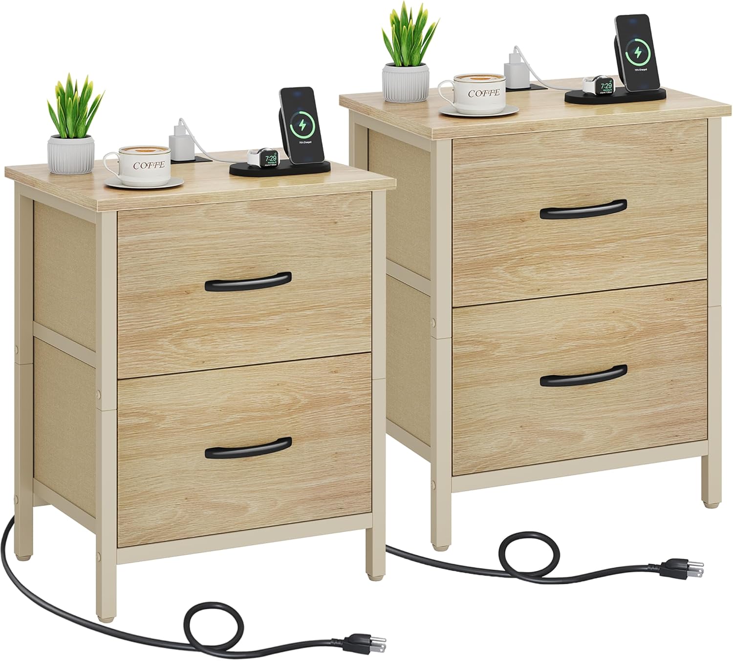 Vagusicc Nightstand Set of 2 with Charging Station, End Table Bedside Table with Power Outlet & USB Ports, Side Table with 2 Fabric Drawers for Bedroom, Living Room, Natural