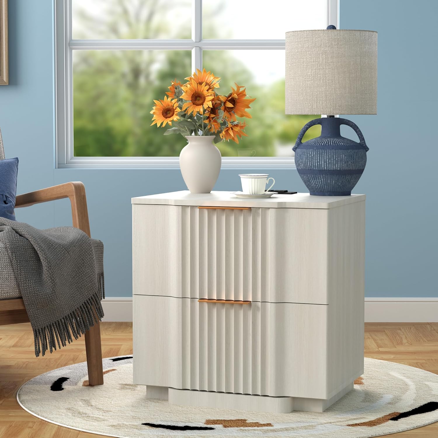 Yechen Fluted Nightstand Set of 2 with Ultra-Fast Charging Station, White | Large Drawers, FSC-Certified Wooden Board, Unique Fluted Profile, Metal Handle, Mid Century Modern Bedside Table for Bedroom