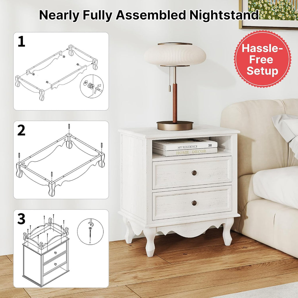 Solid Wood Nightstands Set of 2, Fully Assembled Night Stand with 2 Drawer & Open Shelf Storage, Bedside Table with Charging Station, Mid-Century Modern End Table for Bedroom, White