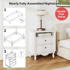 Solid Wood Nightstands Set of 2, Fully Assembled Night Stand with 2 Drawer & Open Shelf Storage, Bedside Table with Charging Station, Mid-Century Modern End Table for Bedroom, White