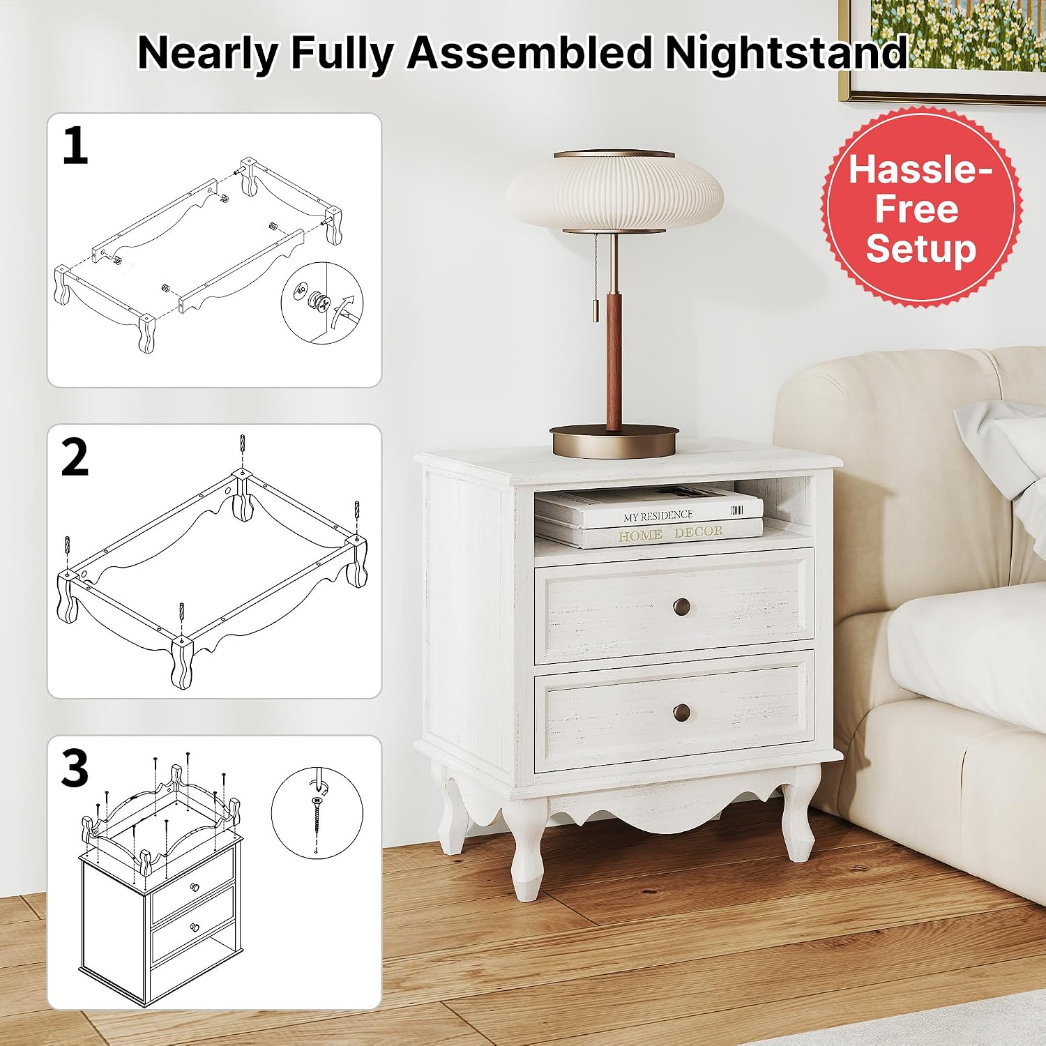 Solid Wood Nightstands Set of 2, Fully Assembled Night Stand with 2 Drawer & Open Shelf Storage, Bedside Table with Charging Station, Mid-Century Modern End Table for Bedroom, White