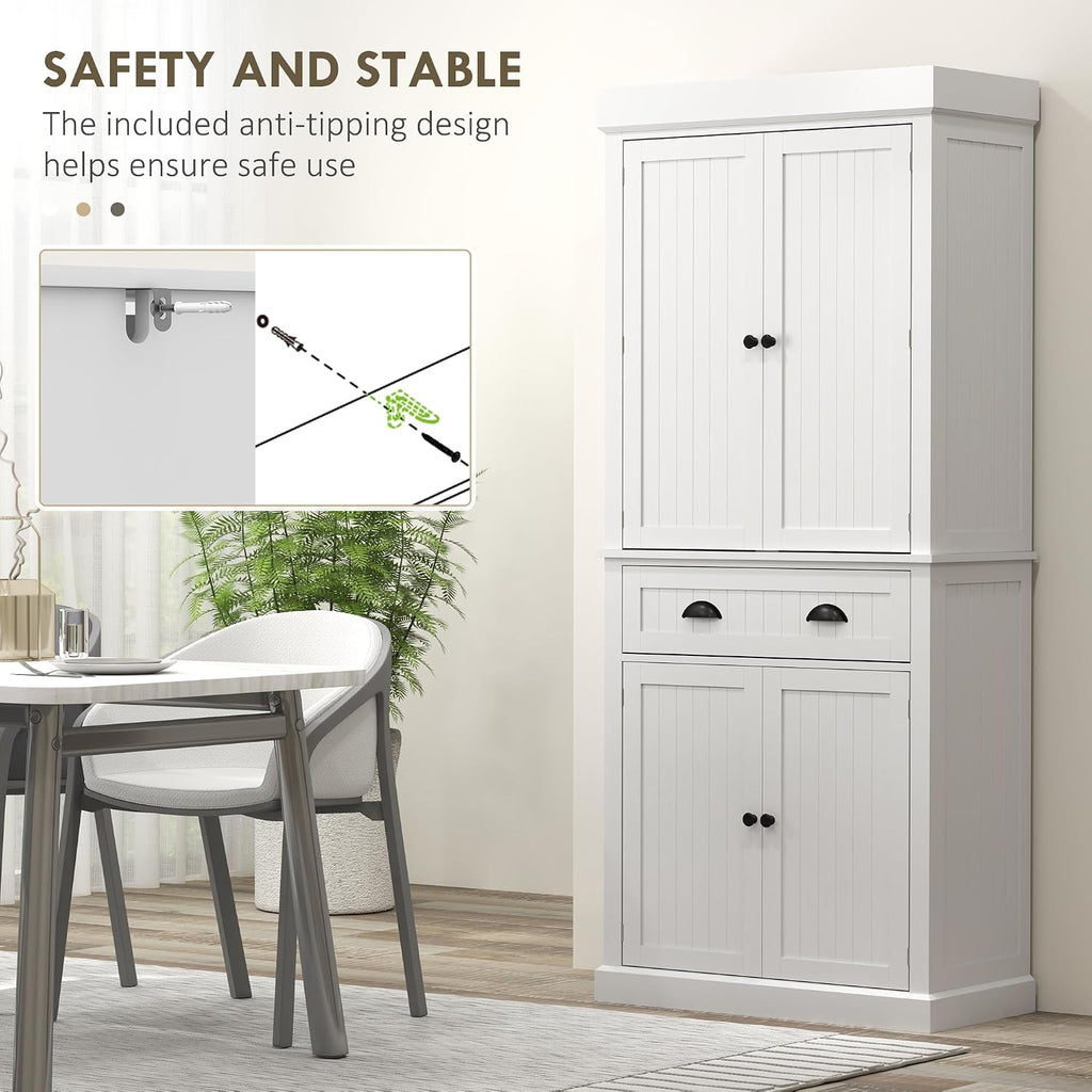 HOMCOM 71" Kitchen Pantry Cabinet LED Motion Sensor Light Drawer White | Tall Storage Cabinet, 6 Door Shelves, Adjustable Shelves, Living & Dining Room
