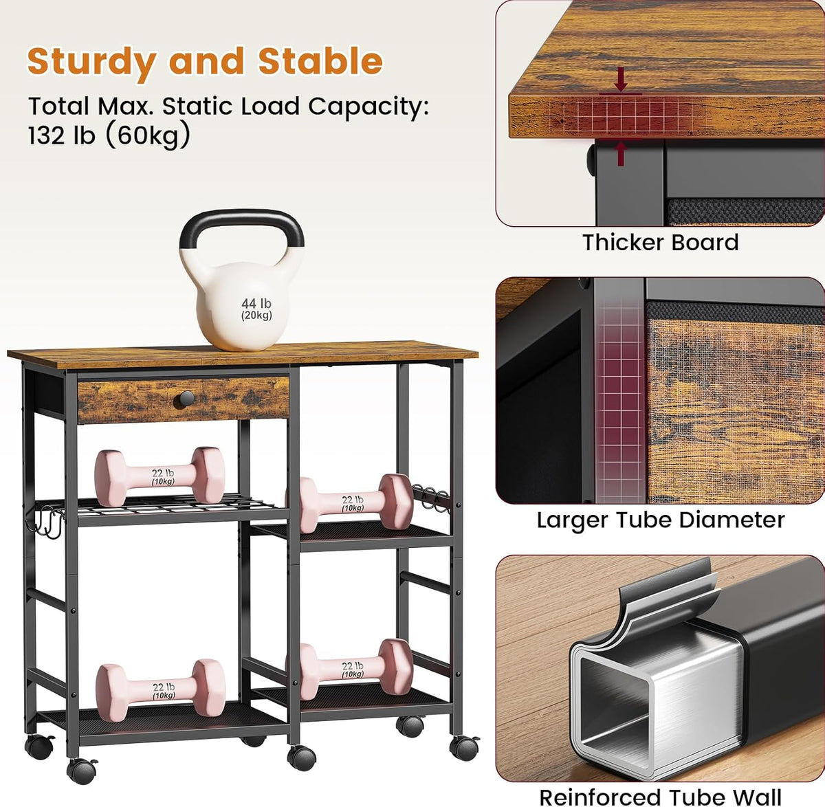 Microwave Stand, Coffee Cart, Microwave Cart with Wheels & Adjustable Shelf | Coffee Bar Table Station, Rolling Storage Cart Organizer Shelf for Living Room, Kitchen Island, Office, Rustic Brown