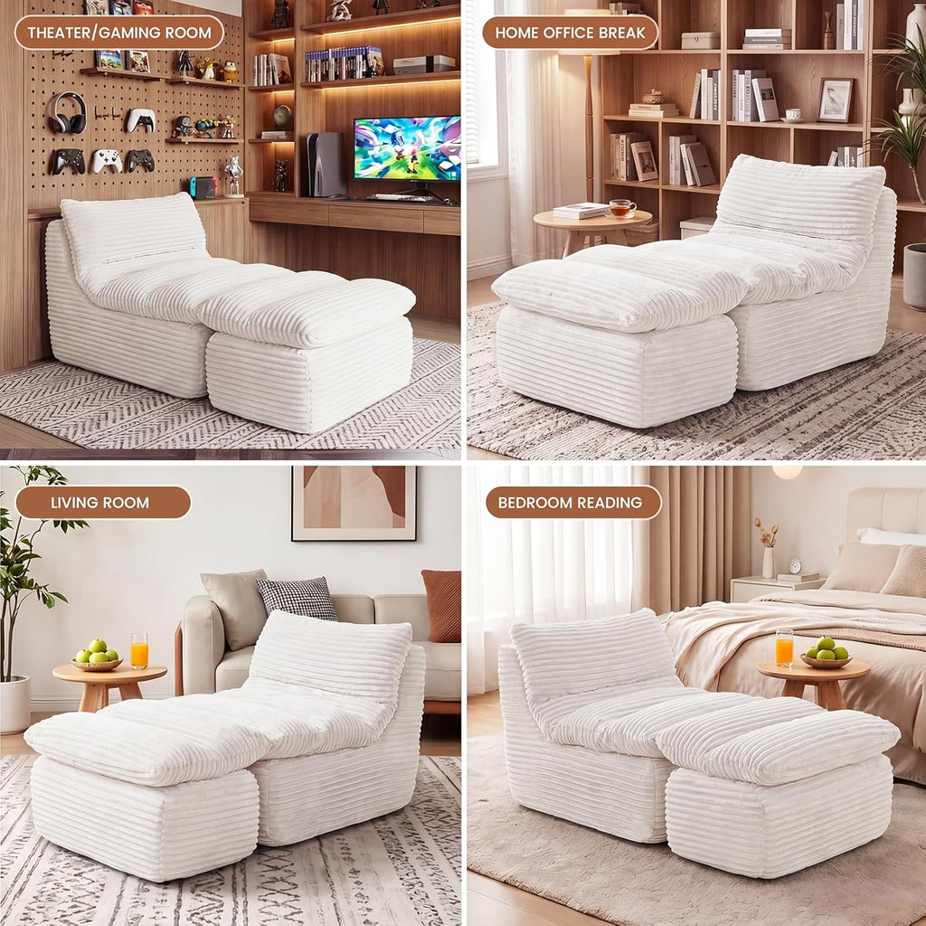 Chaise Lounge Chair, Faux Fur Ergonomic Chair with Ottoman, High Density Memory Foam No Assembly Lazy Sofa, Indoor Leisure Couch for Living Room Bedroom Office Apartment