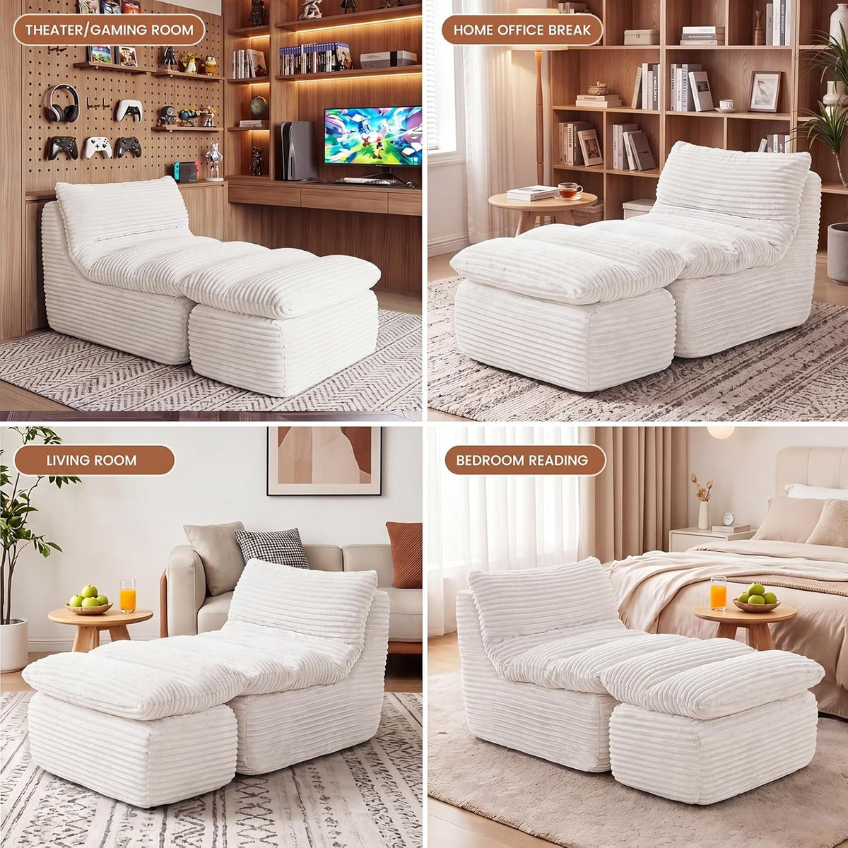 Chaise Lounge Chair, Faux Fur Ergonomic Chair with Ottoman, High Density Memory Foam No Assembly Lazy Sofa, Indoor Leisure Couch for Living Room Bedroom Office Apartment