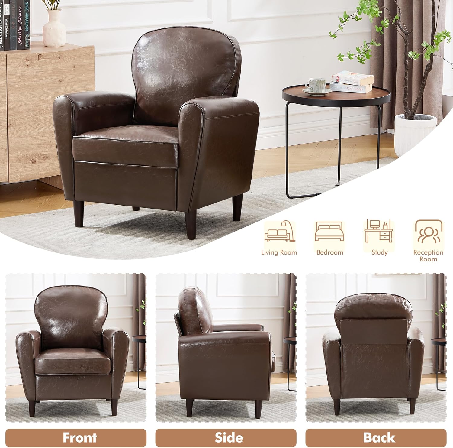 Mid Century Accent Chair, Modern Faux Leather Arm Chair, Comfy Upholstered Reading Chair Single Sofa Chairs for Living Room, Bedroom, Club, PU Coffee