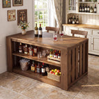 55" Solid Wood Kitchen Island with Storage and Seating, 3-Tier | Farmhouse Stationary Island Table, Side Slatted Design, Large Worktop, Closed Back Panel, Rustic Counter Height Dining Table