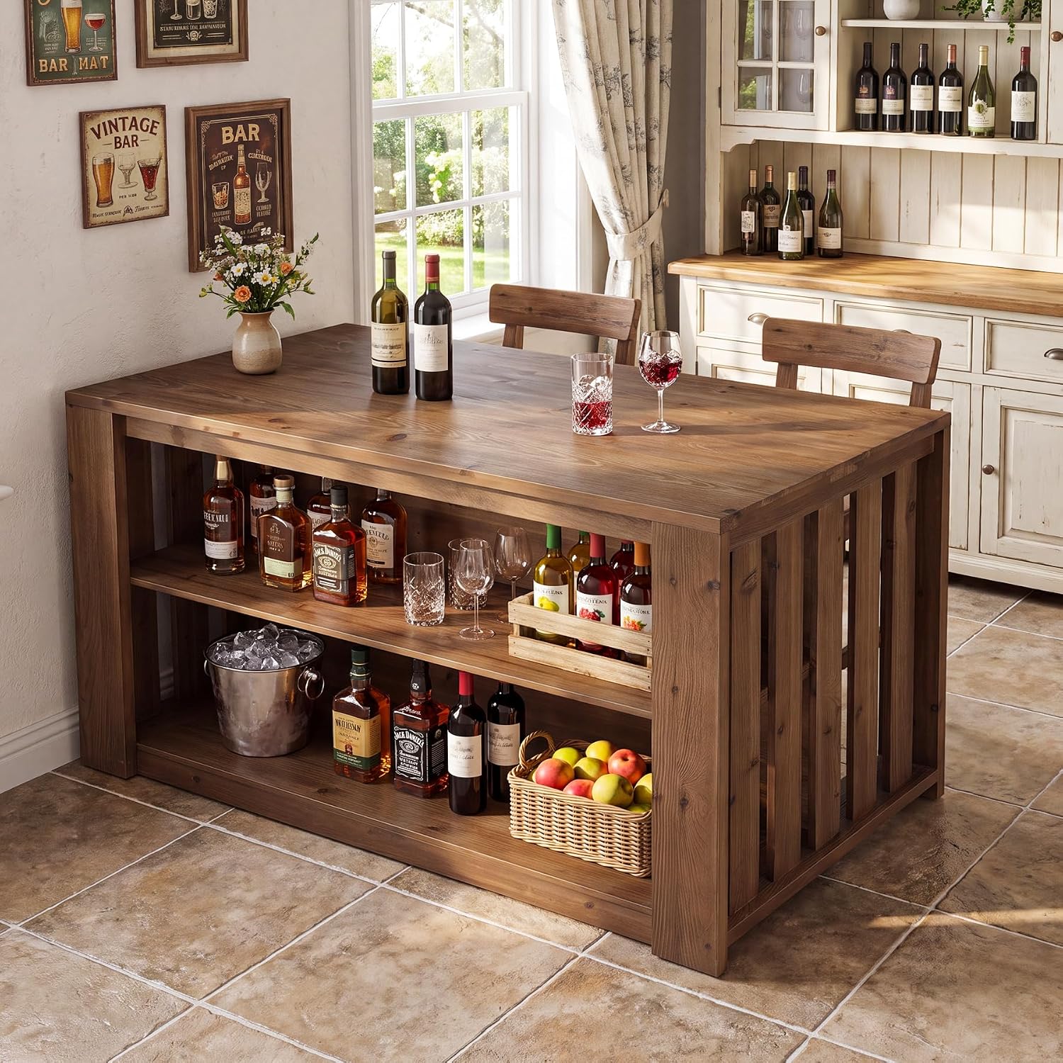 55" Solid Wood Kitchen Island with Storage and Seating, 3-Tier | Farmhouse Stationary Island Table, Side Slatted Design, Large Worktop, Closed Back Panel, Rustic Counter Height Dining Table