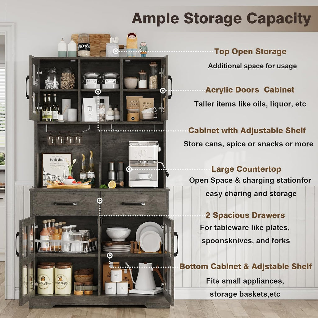 Kitchen Pantry Storage Cabinet, Modern Pantry with Power Outlet, Food Pantry Cabinet with Wine Glass Holder, Kitchen Hutch Cabinet with Microwave Stand, Kitchen Cabinet with Shelves for Dinning Room