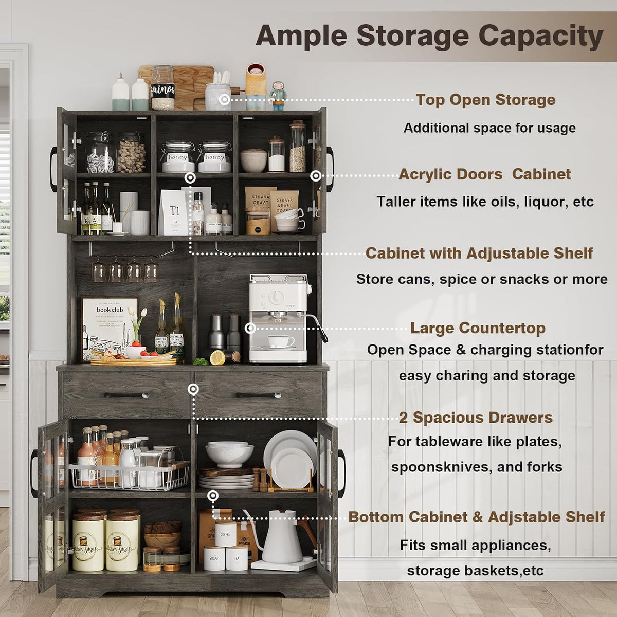 Kitchen Pantry Storage Cabinet, Modern Pantry with Power Outlet, Food Pantry Cabinet with Wine Glass Holder, Kitchen Hutch Cabinet with Microwave Stand, Kitchen Cabinet with Shelves for Dinning Room