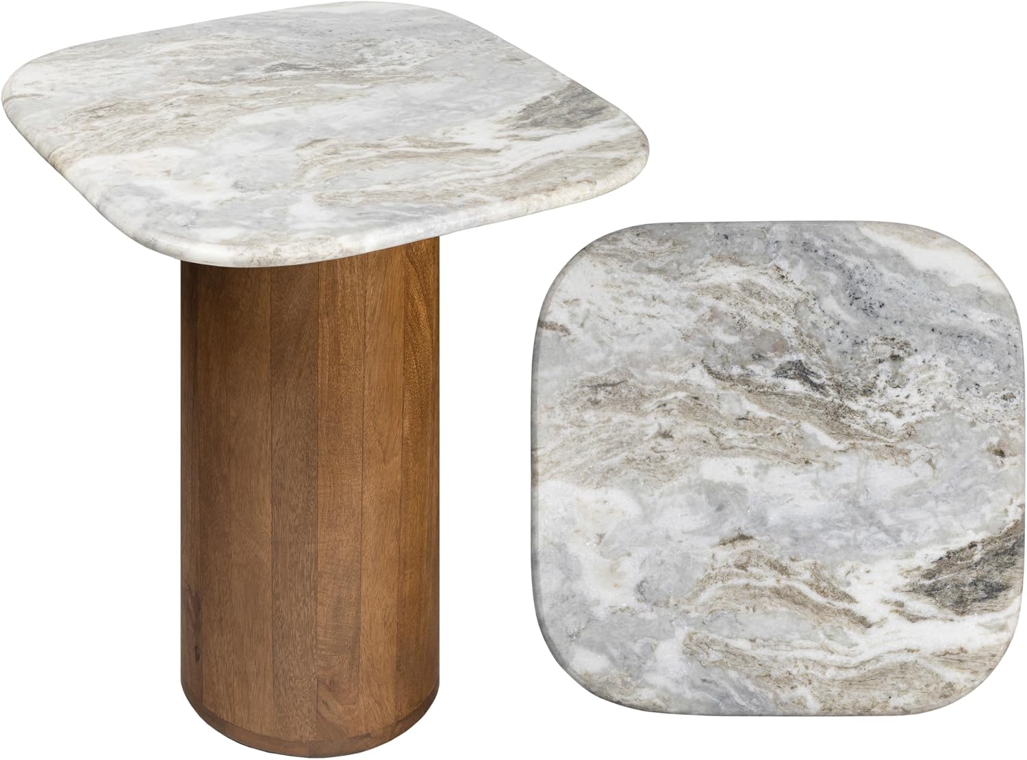 JONATHAN Y Milos Natural White Marble Square Top End Table with Honey Wood Cylinder Pedestal Base, 18" Modern Side Table for Living Room, Bedroom, and Small Spaces END5004B