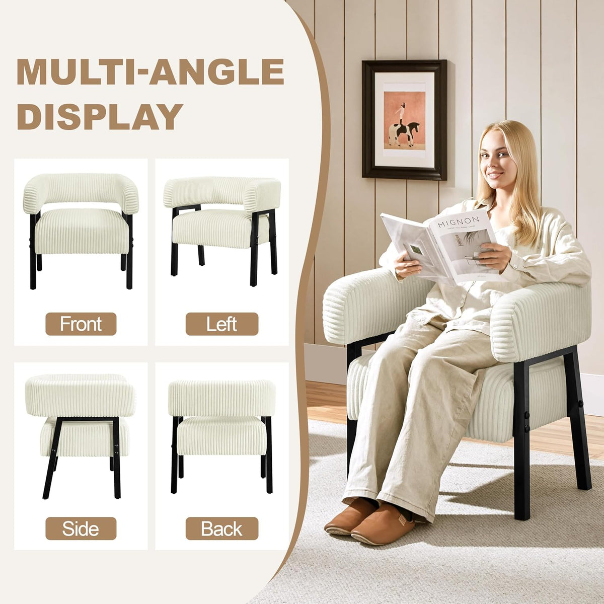 Yaheetech Accent Living Room Chair with Pocket Coiled Seat Set of 1 | Sofa Armchair | Barrel Chair | Corduroy | Comfy | Modern | Small Space | Bedroom | Reading | Beige