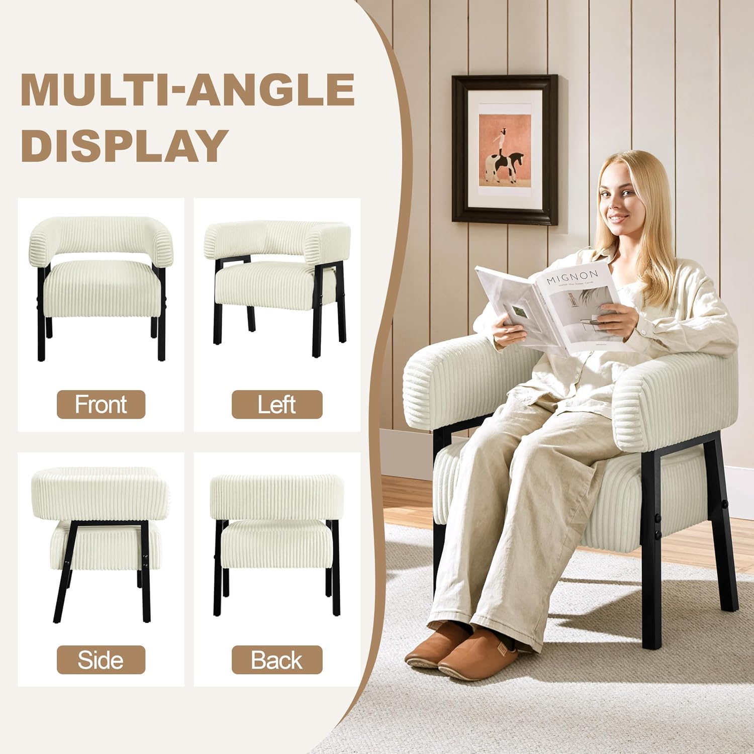 Yaheetech Accent Living Room Chair with Pocket Coiled Seat Set of 1 | Sofa Armchair | Barrel Chair | Corduroy | Comfy | Modern | Small Space | Bedroom | Reading | Beige