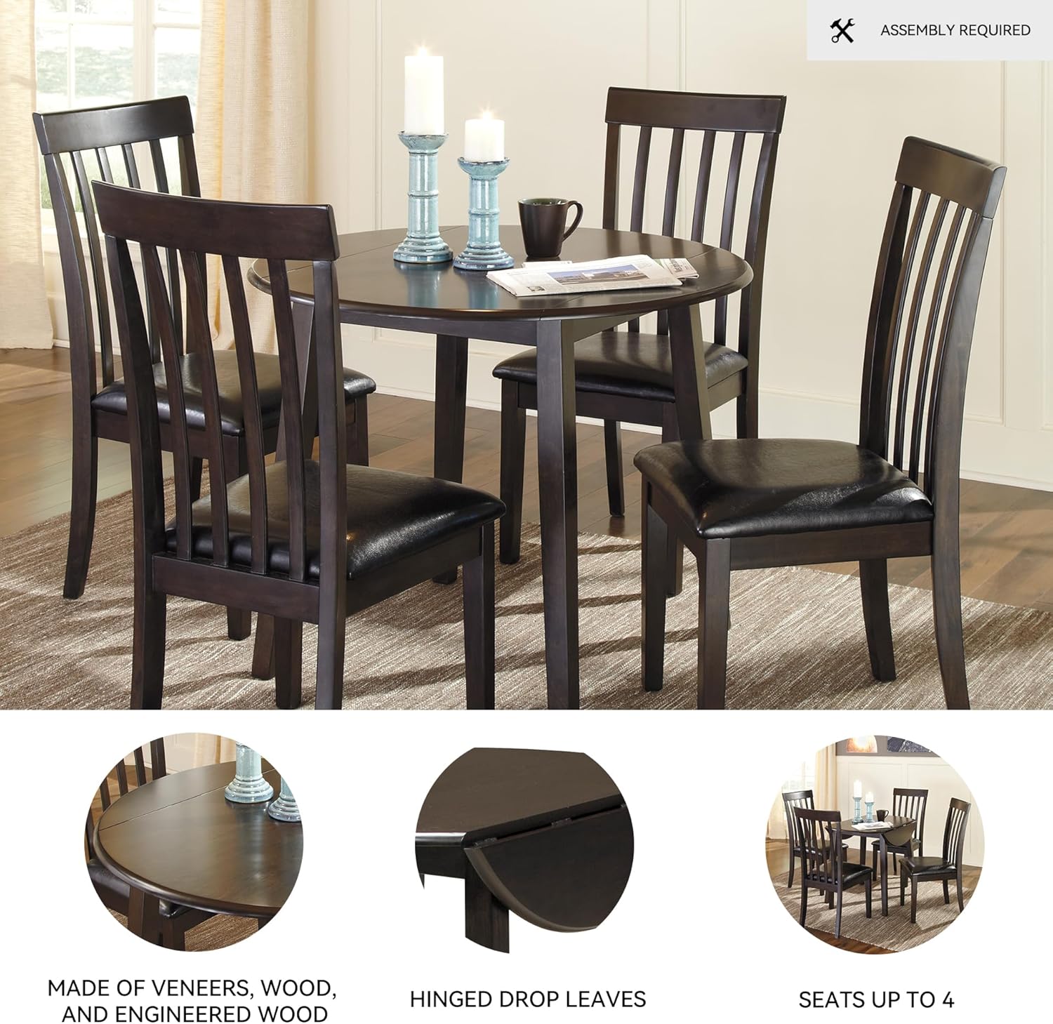 Signature Design by Ashley Hammis Round Dining Room Drop Leaf Table, Seats up to 4, Hinged Drop Leaves, Wood, 36.38" W x 36.38" D x 29.88" H, Dark Brown