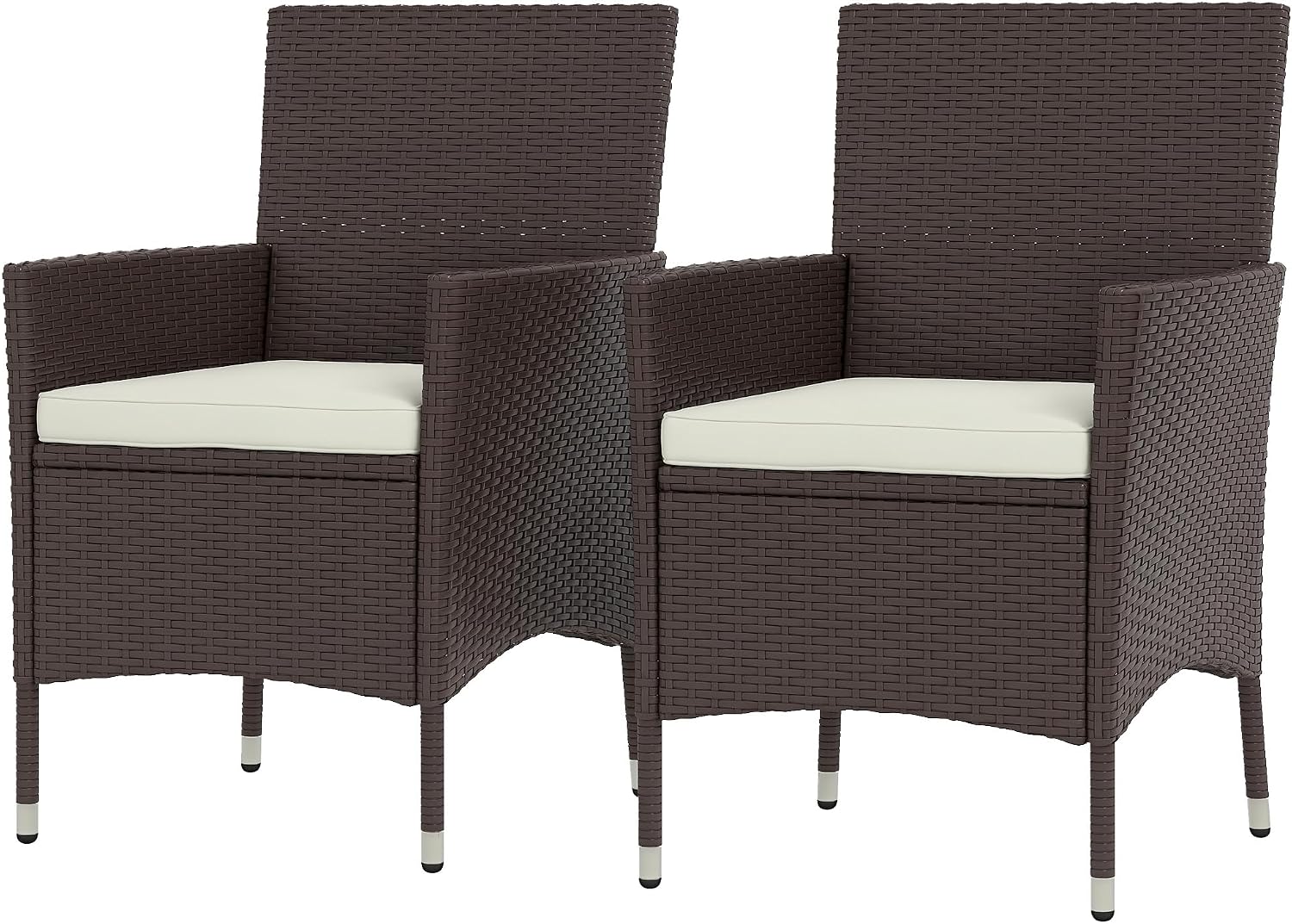 Rattan Dining Chairs, 2 PCS Patio Wicker Chairs Set with Cushions and Anti-Slip Feet, Stackable Outdoor Seating for Backyard Garden Lawn Deck, Dark Coffee