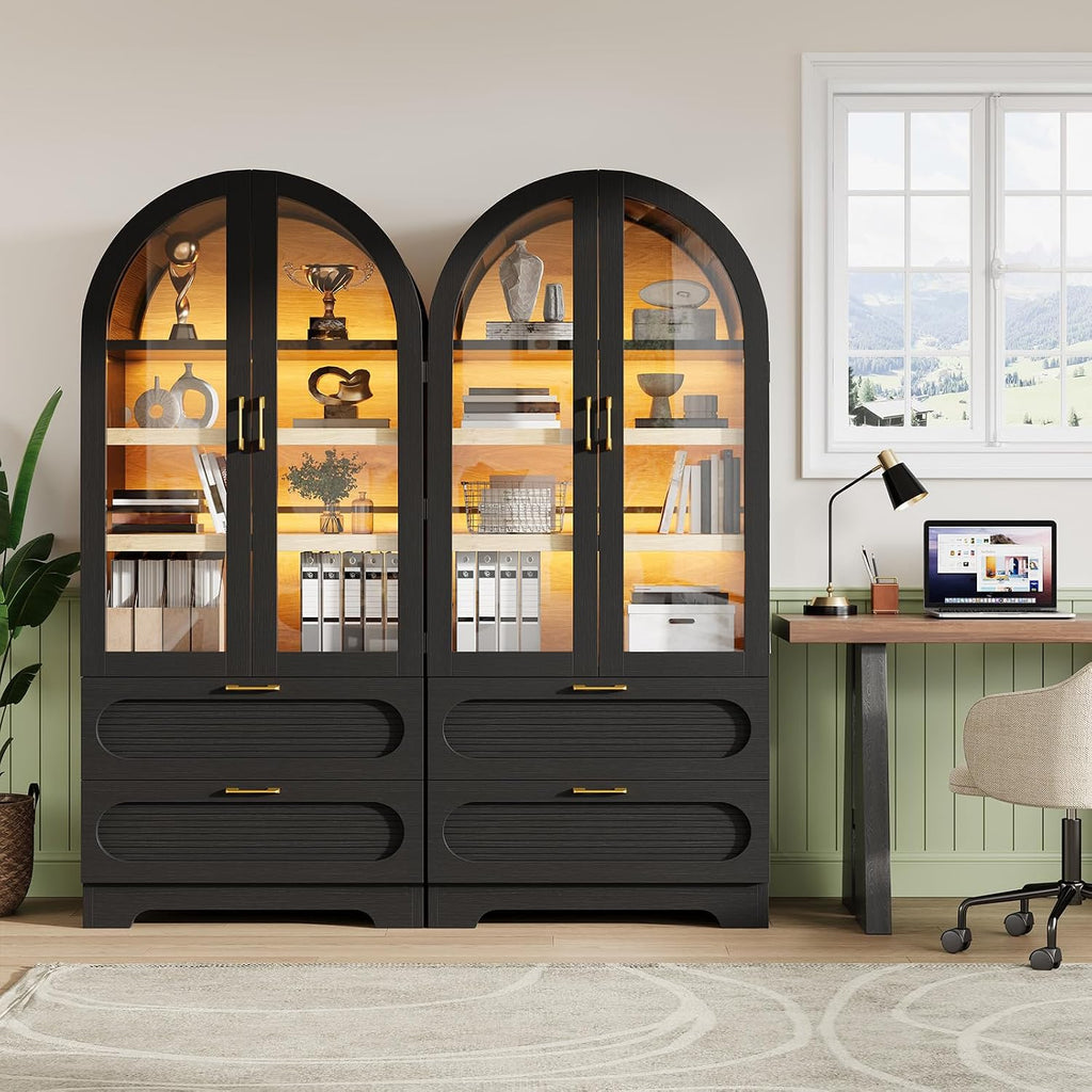 Bestier 71" Arched Kitchen Pantry Cabinet with LED Lights, 15.7" Deep Storage Cabinet with 3 Adjustable Shelves and 2 Drawers, Modern Farmhouse Cupboard for Living Room, Kitchen, Dining Room, Black