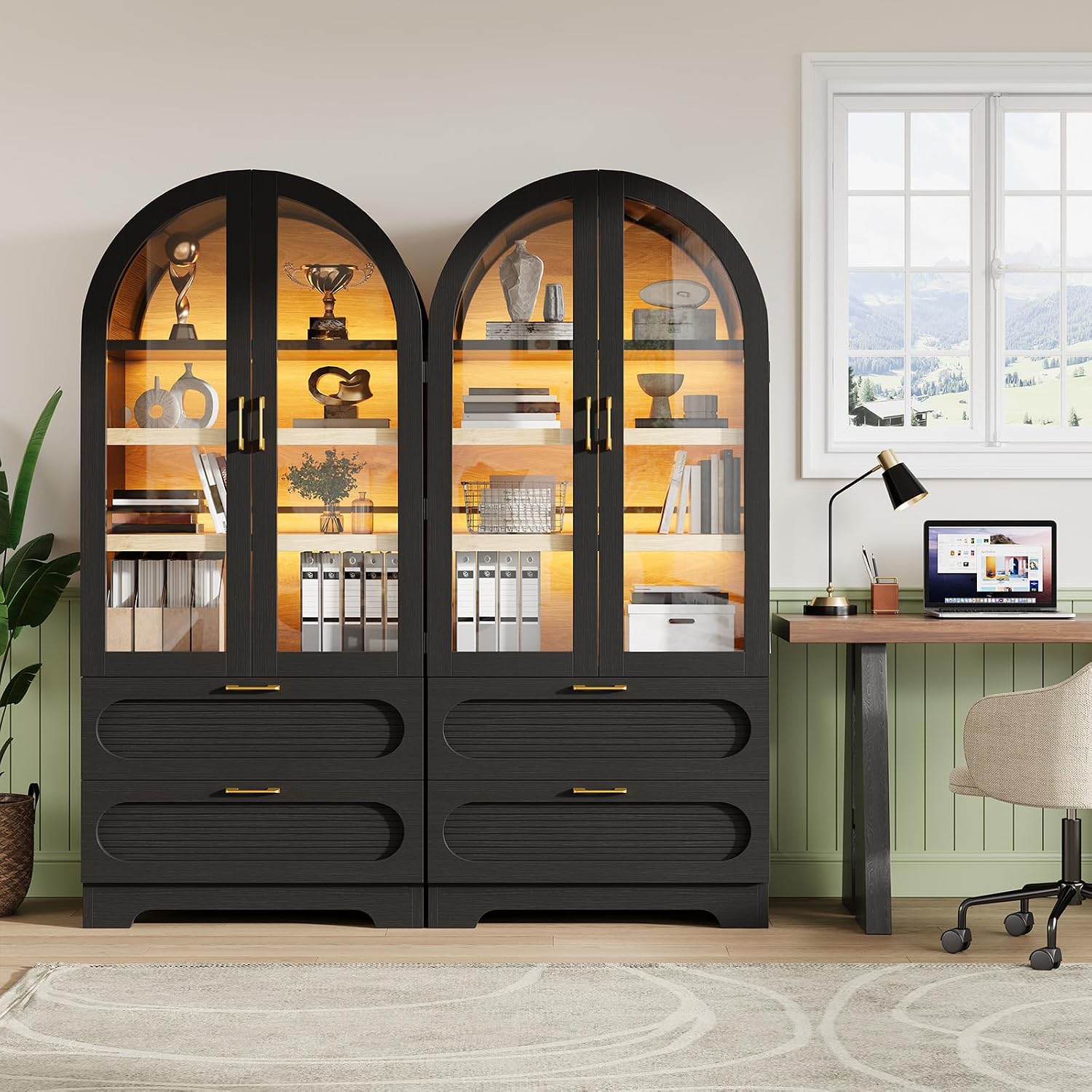 Bestier 71" Arched Kitchen Pantry Cabinet with LED Lights, 15.7" Deep Storage Cabinet with 3 Adjustable Shelves and 2 Drawers, Modern Farmhouse Cupboard for Living Room, Kitchen, Dining Room, Black