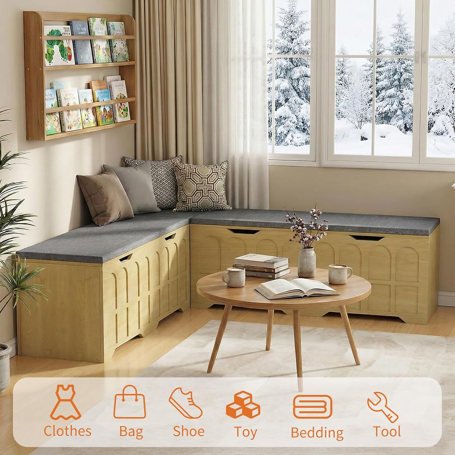 Zevemomo 63" L Shaped Storage Bench with Cushion, Kitchen Breakfast Nook Benches, Wood Storage Bench with Storage for Dining Room, Kitchen, Entryway(Natural)