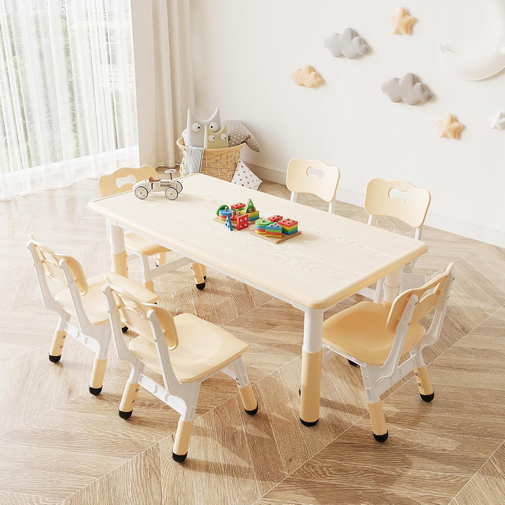 Toddler Table and Chair Set, Height Adjustable Kids Table and 6Chairs, Toddler Activity Table with Storage Boxes,Wipeable Graffiti Wood Grain Desktop,12Water Pens Included for Classroom, Natural Wood