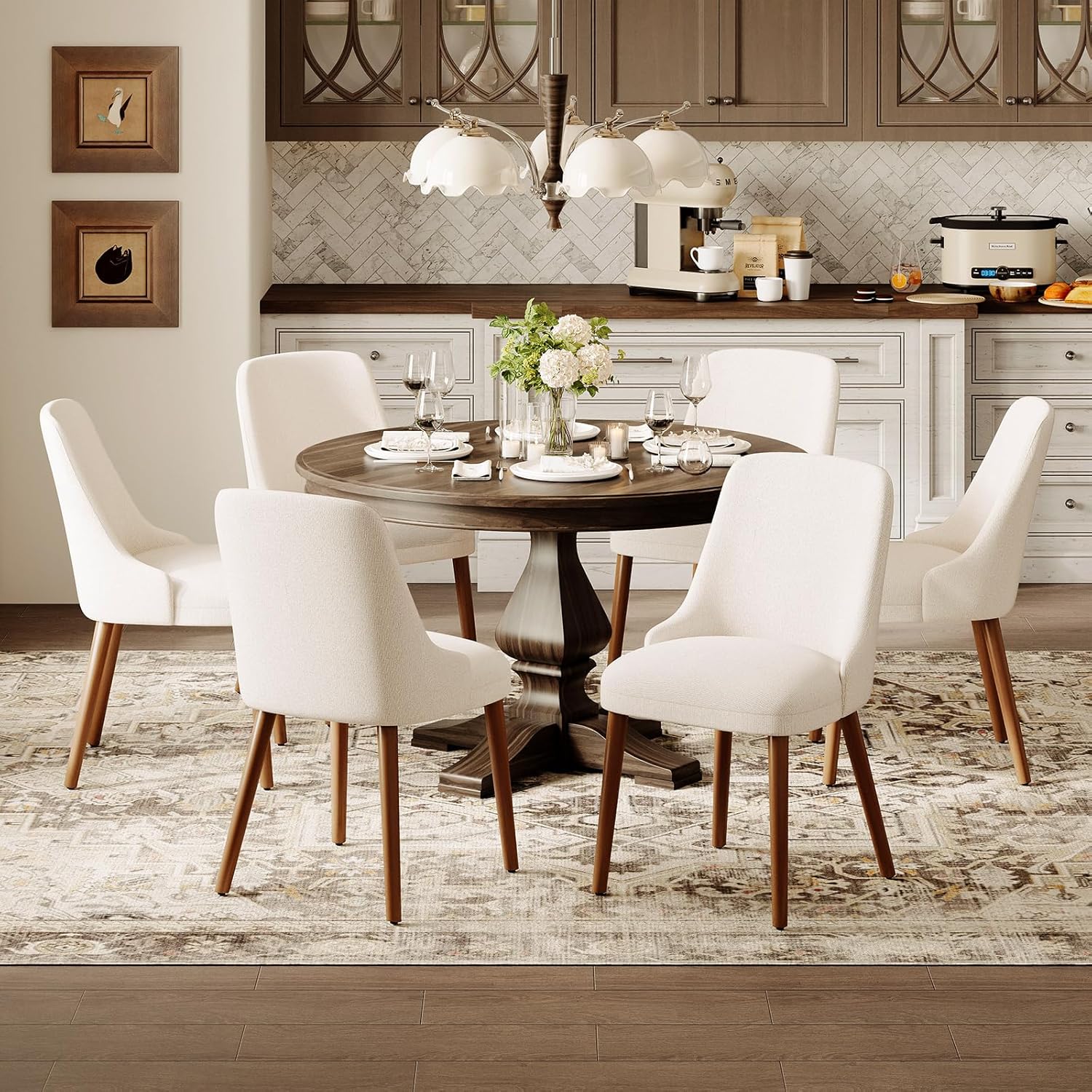 MALOL Dining Room Chair Set of 6, Upholstered Kitchen Chairs with Wood Legs, High-Back Padded Dining Chairs for Dining Room/Restaurant/Cafe, Beige
