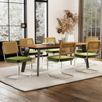 Rattan Back Velvet Dining Chair Set of 6 Modern Stainless Chrome Base Armless Upholstered Side Chair for Dining Room, Kitchen Island, Olive Green