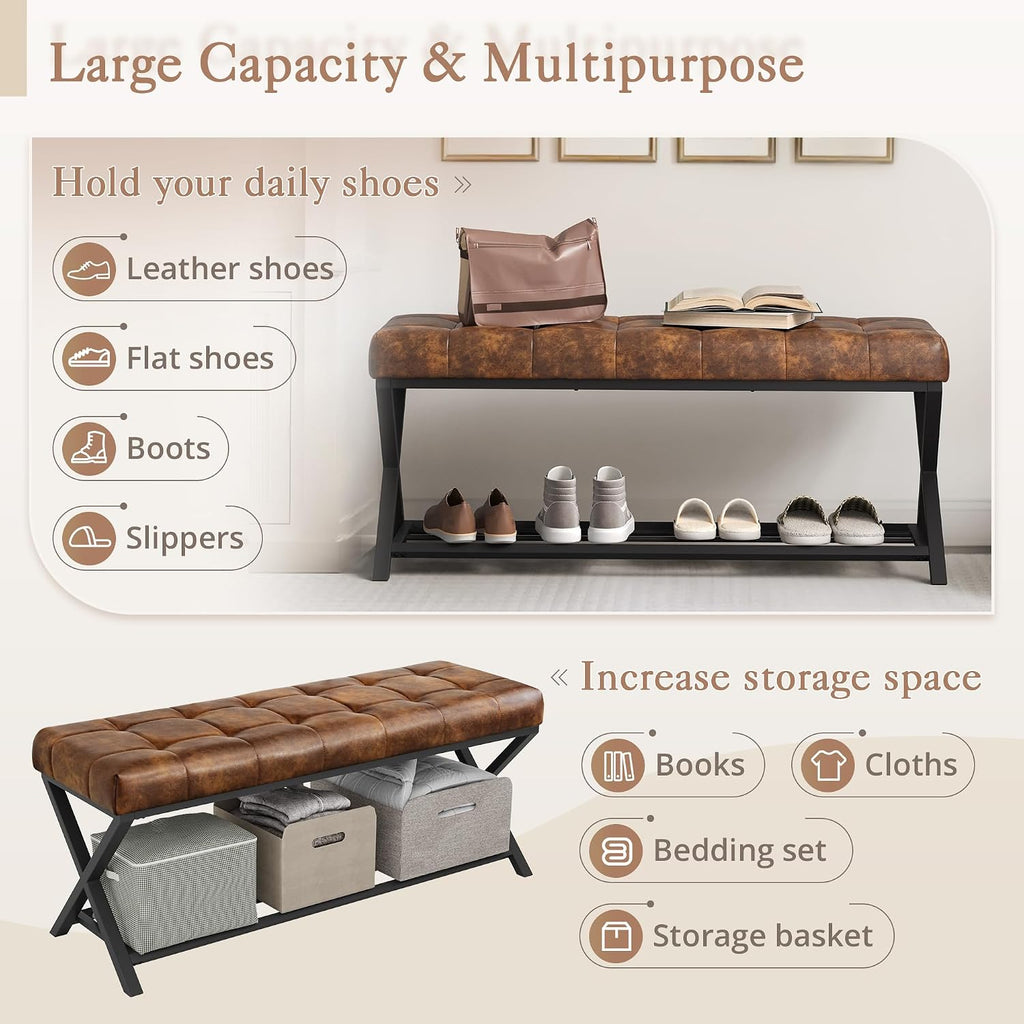 LUE BONA 44.5” End of Bed Bench with Shelf, Linen Tufted Upholstered Storage Shoe Bench, Modern Bedroom Bench with Metal Legs for Living Room, Entryway, Dining Room, 300 LB, Yellowish Brown