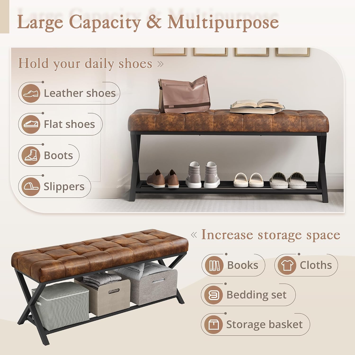 LUE BONA 44.5” End of Bed Bench with Shelf, Linen Tufted Upholstered Storage Shoe Bench, Modern Bedroom Bench with Metal Legs for Living Room, Entryway, Dining Room, 300 LB, Yellowish Brown
