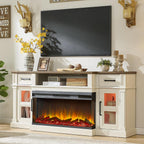 3-Side Fireplace TV Stand for up to 80 Inch TV, LED Entertainment Center with 36 Inch Electric Fireplace, Farmhouse TV Console Table w/Drawers & Cabinets for Living Room, White