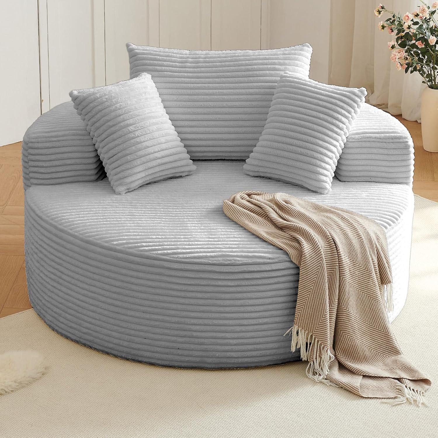 Oversized Round Chair Lounge Chaise Indoor, Upholstered Corduroy Deep Seat Cloud Large Circle Sofa Chair, No Assembly Required, Fluffy Modern Sleeper Sofa Bed for Reading, Living Room, Light gray