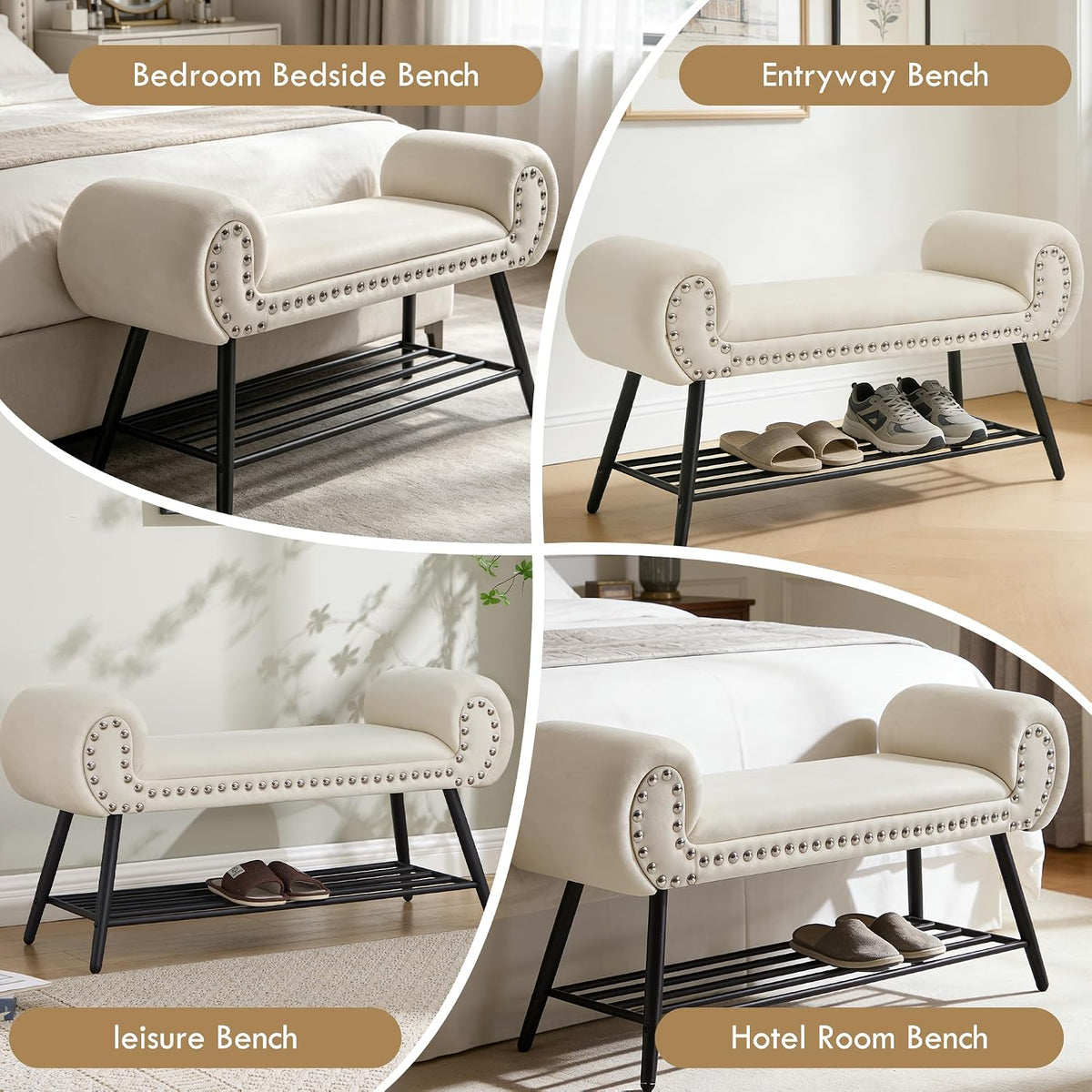 End of Bed Bench with Shoe Shelf, 45" Modern Velvet Upholstered Bedroom Bench with Rolled Arms and Metal Frame for Entryway, Living Room, Hallway, Foyer, 300 lbs, Cream