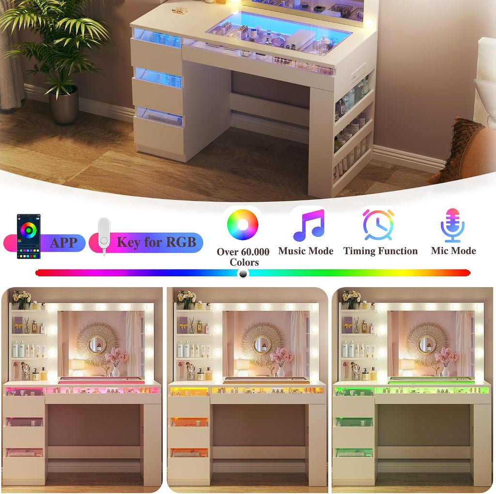 HUAHUU Vanity Desk with Lighted Mirror & Transparent Top, Makeup Vanity Desk with 4 Transparent Drawers and RGB Lighting, Built-in Power Outlet, 3-Tier Side Shelves & Storage Organizer for Bedroom